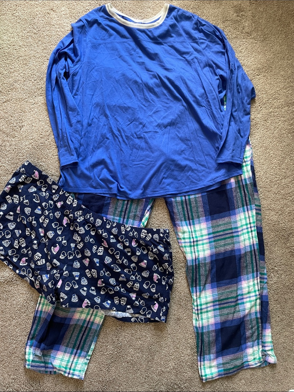 SO Blue Long-Sleeve Pajama Top with Plaid Pants and Navy Printed Shorts